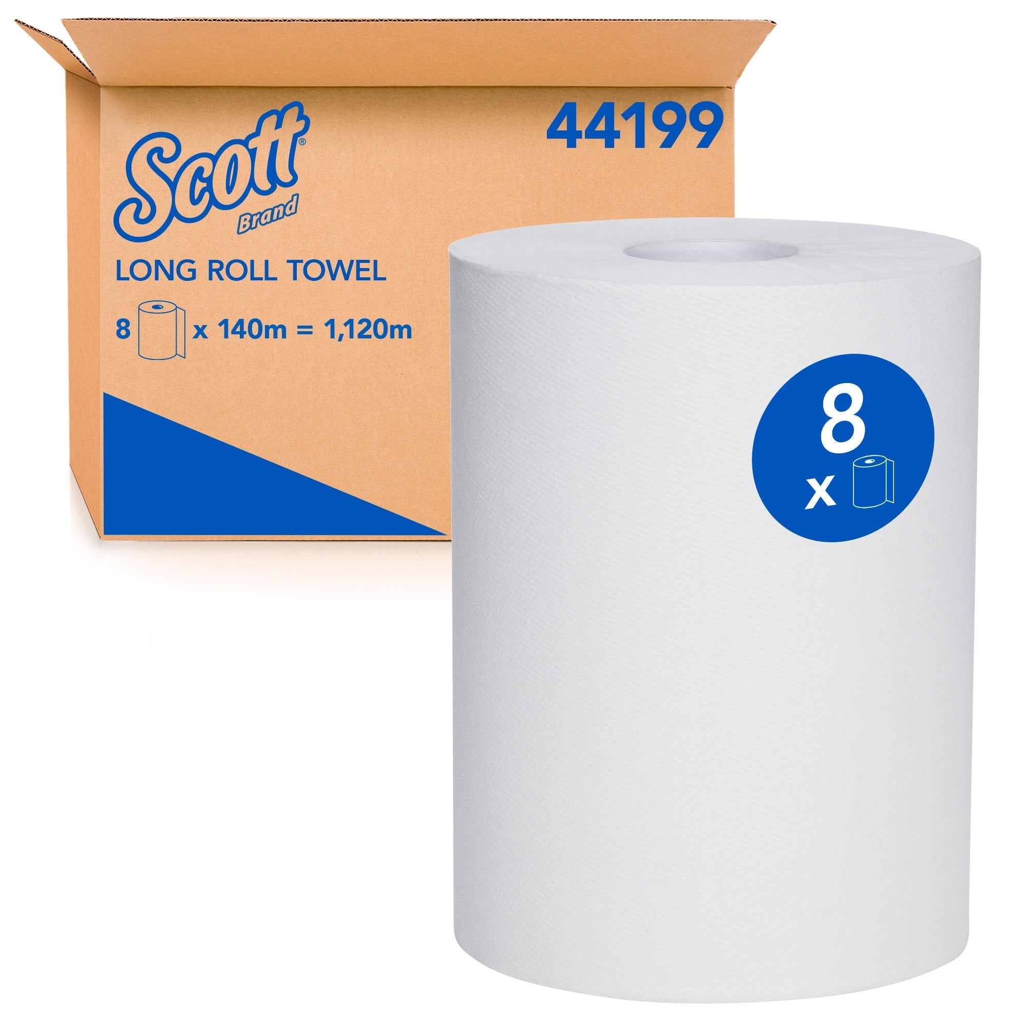 SCOTT® Long Roll Towel (44199), Hand Towel Roll, 8 Rolls / Case, 140m / Rolls (1,120m Total) - Packware
