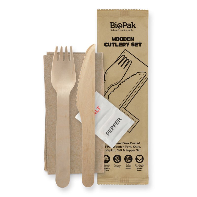 16cm Coated Wood Knife, Fork, Napkin, Salt & Pepper Set - Packware