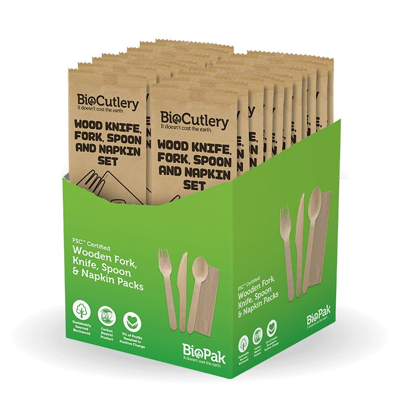 16cm FSC™ Wood Fork, Knife, Spoon & Napkin Sets - Packware
