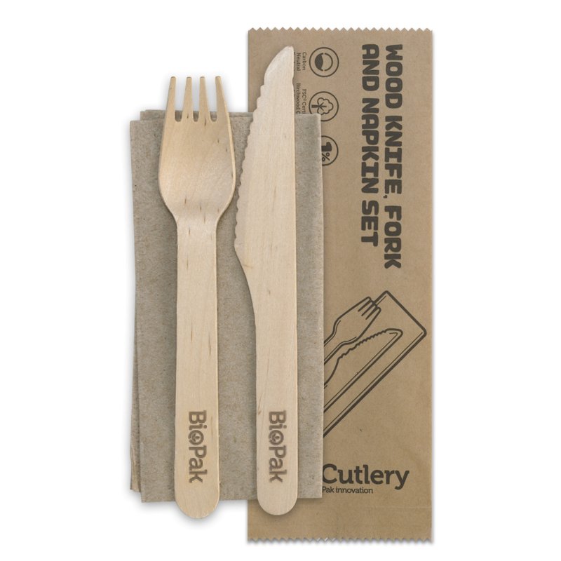 16cm Wood Knife, Fork & Napkin Set - Packware