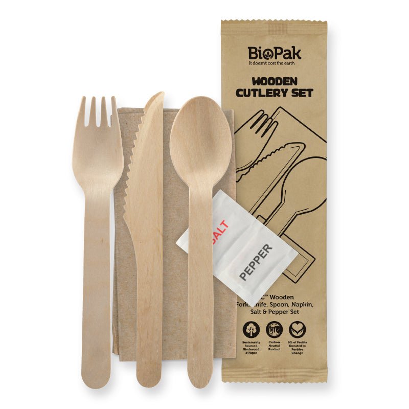 16cm Wood Knife, Fork, Spoon, Napkin, Salt And Pepper Set - Packware