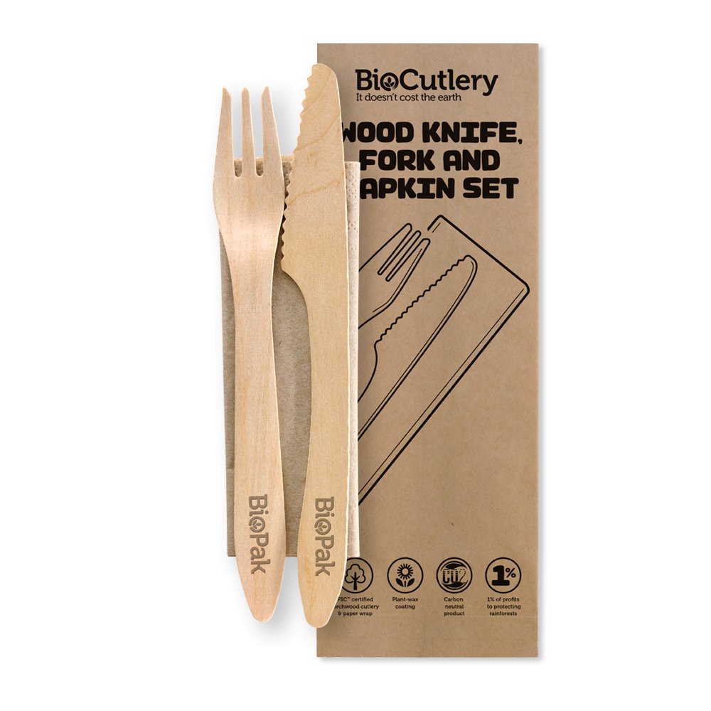 19cm Coated Wood Knife, Fork & Napkin Set - Packware