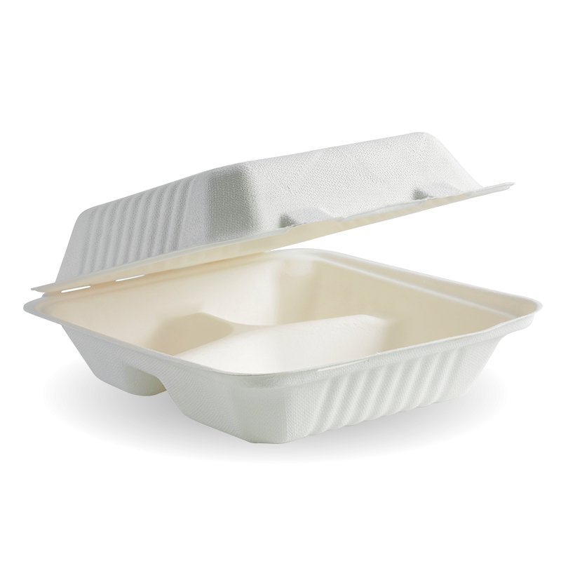 20x22x8cm / 7.8x8x3” 3 - Compartment White BioCane Clamshell - Packware