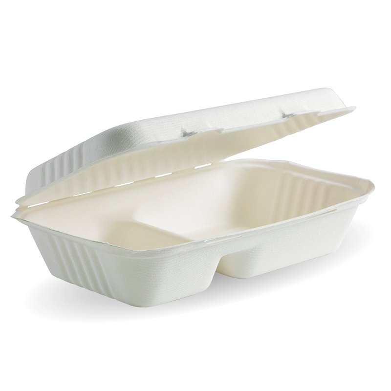 23x15x8cm / 9x6x3" 2 - Compartment White BioCane Clamshell - Packware