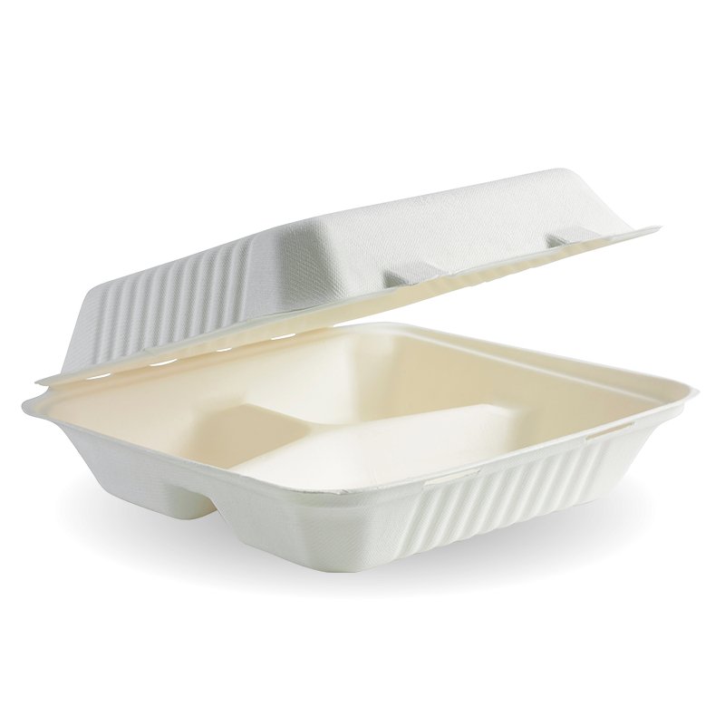 23x23x8cm 3 - Compartment White BioCane Clamshell - Packware