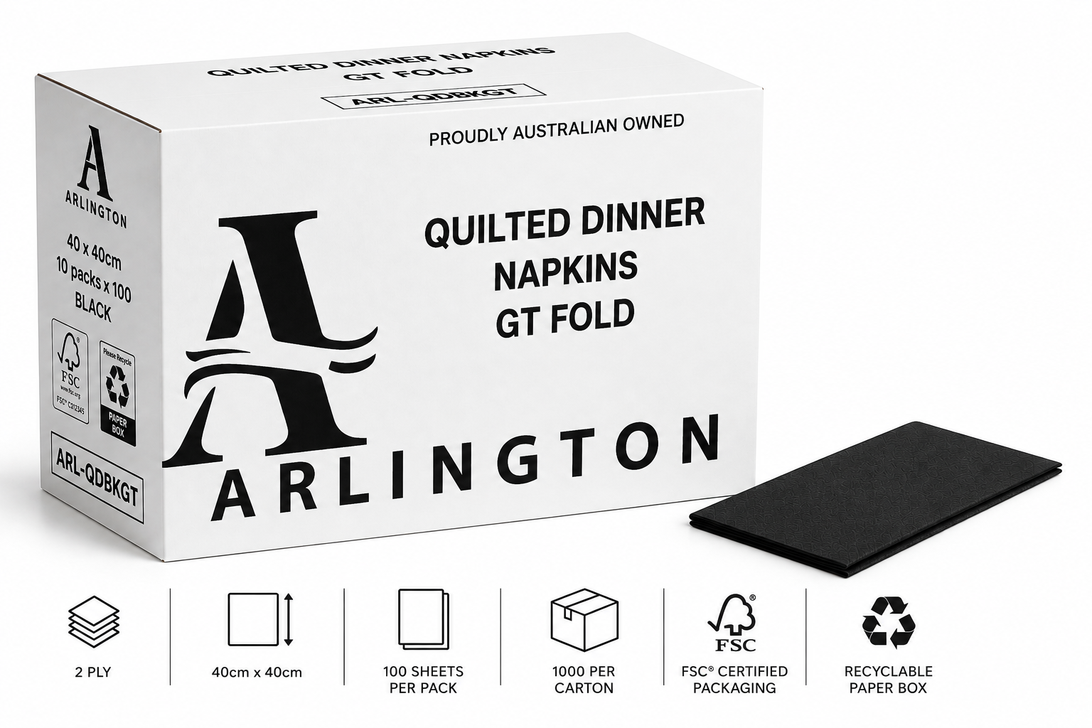 Black 2-Ply Dinner Napkins | 1/8 Fold | Soft & Durable | 100 per Pack, 1000 per Carton