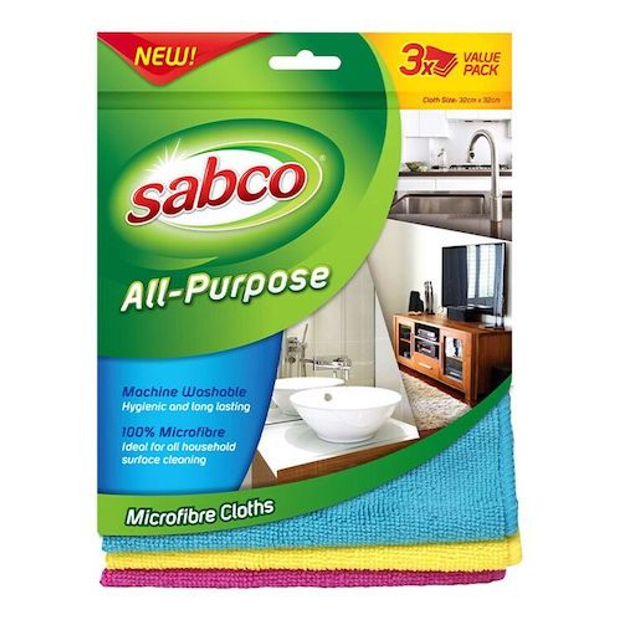 SABCO All Purpose Microfibre Cloths 3PK (RED, BLUE, YELLOW)