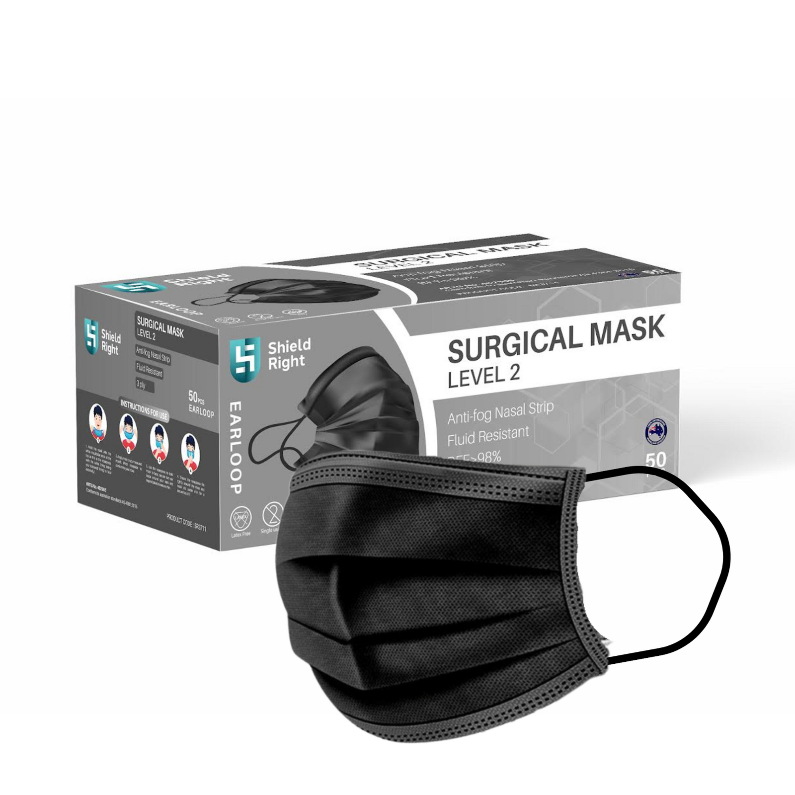 Shield Right Black Face Mask – Level 2 | Box of 50
