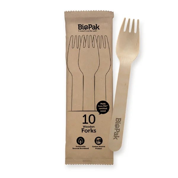 BIOPAK 10 PACK 16CM WOODEN FORK IN PAPER SLEEVES - Packware