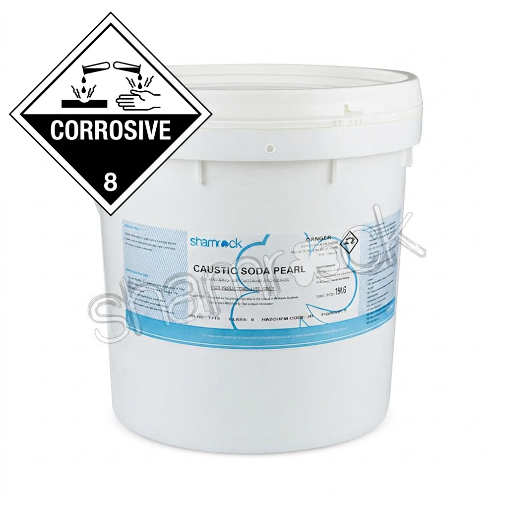 Caustic soda bucket with corrosive 8 badge