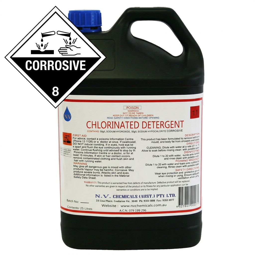 Chlorinated detergent with Corrosive 8 badge