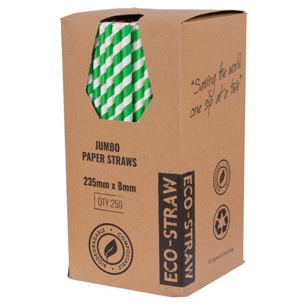Jumbo Green Striped Paper Straws - 2500 per Carton (250 per Box) - Packware