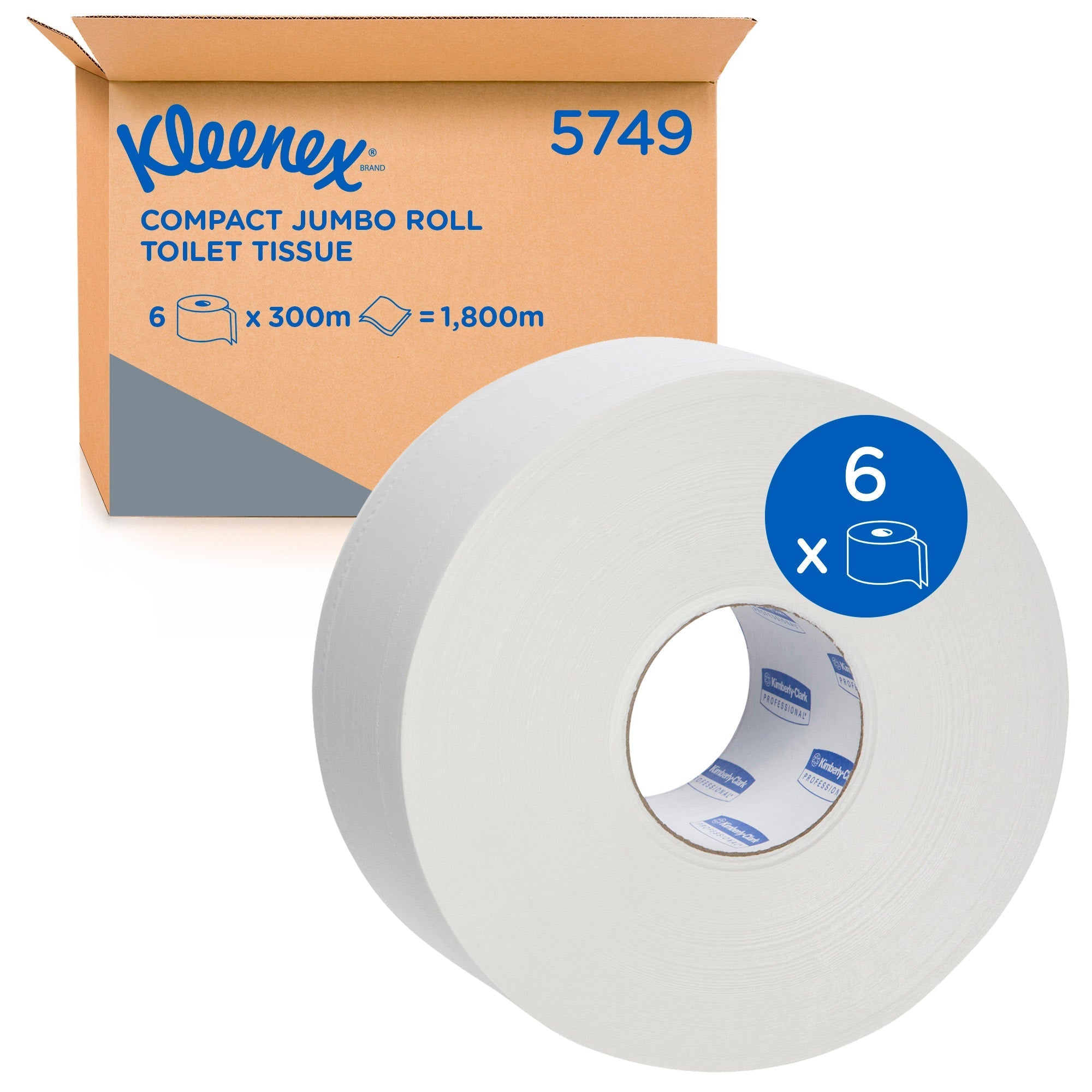 KLEENEX® Compact Jumbo Roll Toilet Tissue (5749), 2 ply, Jumbo Toilet Roll, 6 Rolls / Case, 300m / Roll (1,800m) - Packware