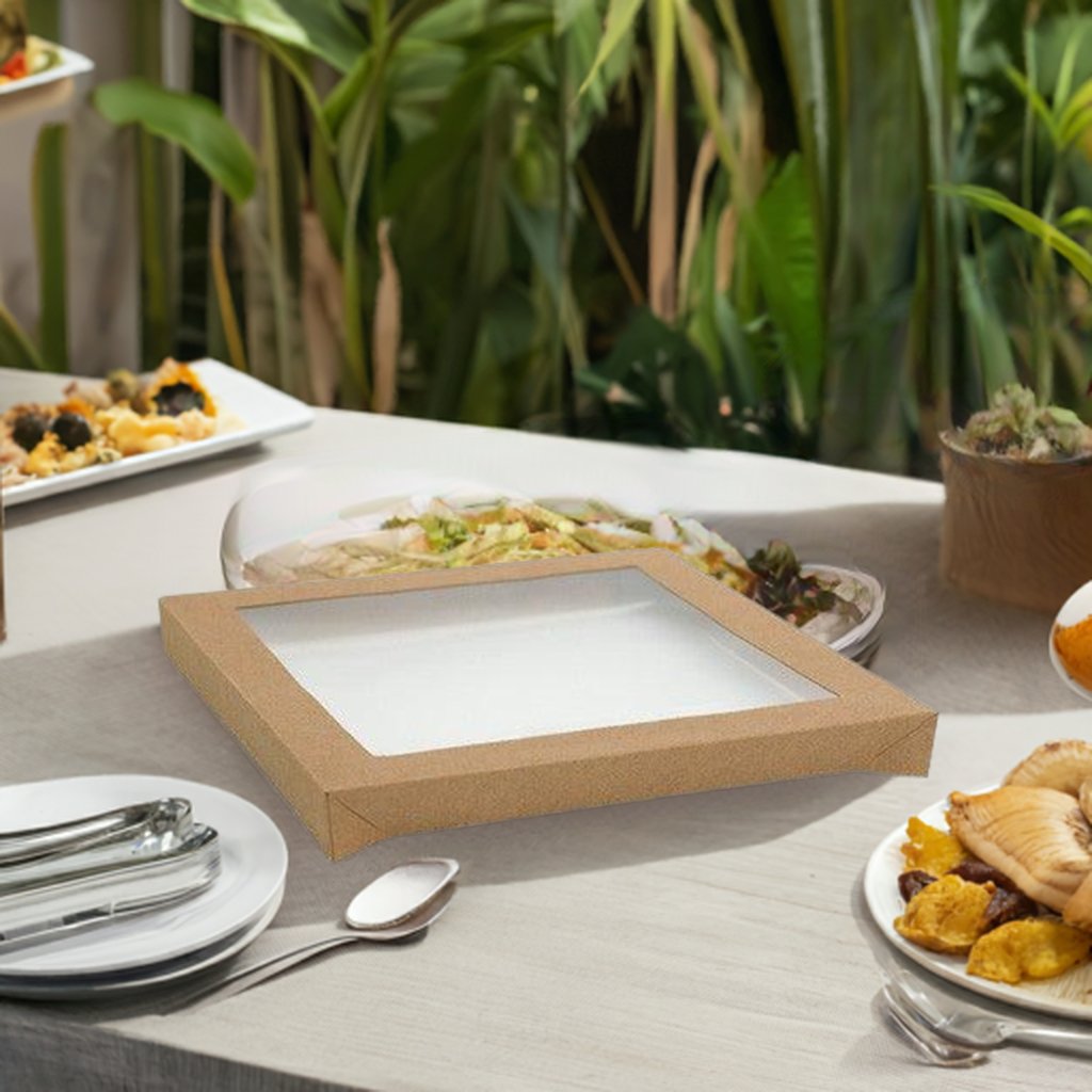Rectangle Kraft Catering Tray Lid - Medium - PET Window - Packware