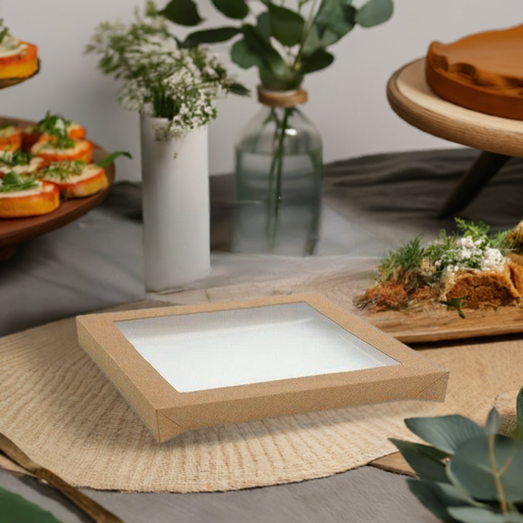Rectangle Kraft Catering Tray Lid - Medium - PET Window - Packware