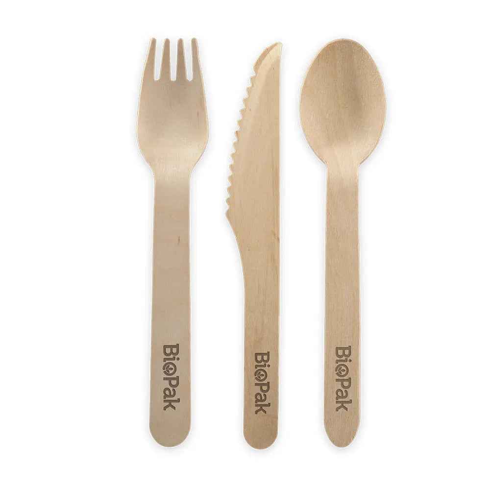 16cm FSC™ Wood Fork, Knife, Spoon & Napkin Sets