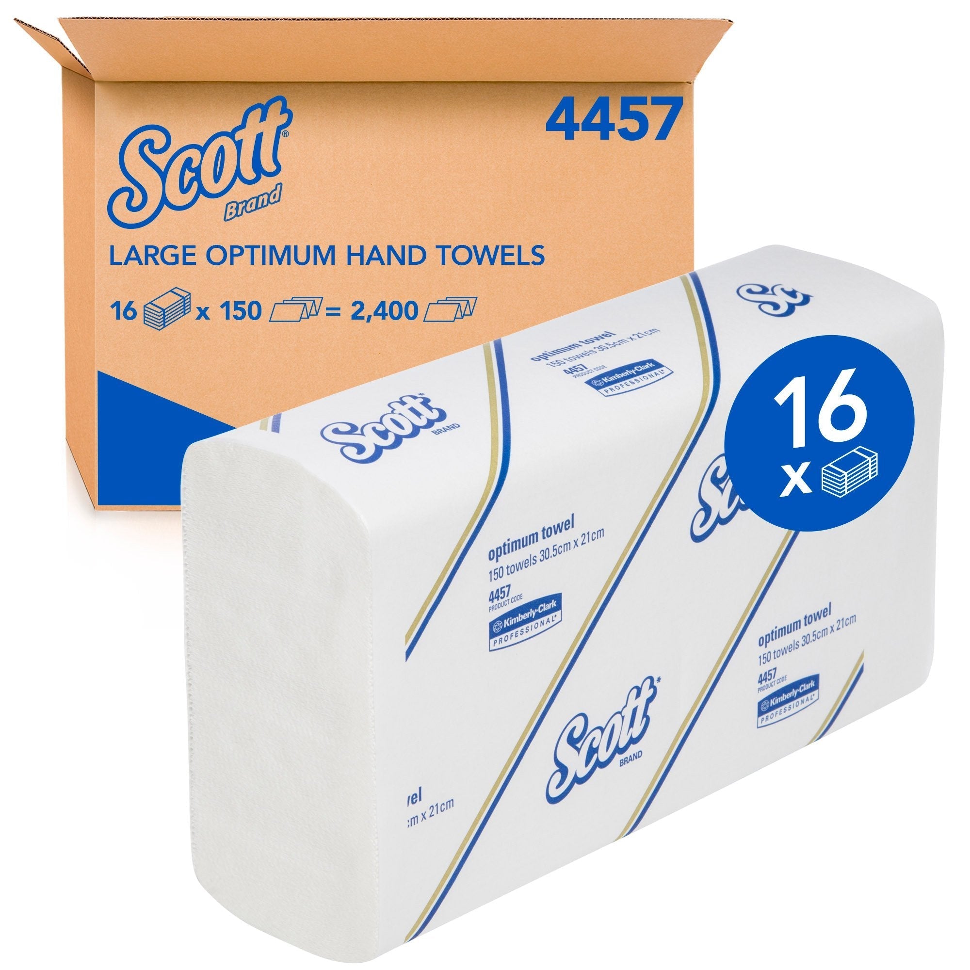 SCOTT® Large Optimum Hand Towels (4457), Folded Paper Towels, 16 Packs / Case, 150 Hand Towels / Pack (2,400 Towels) - Packware