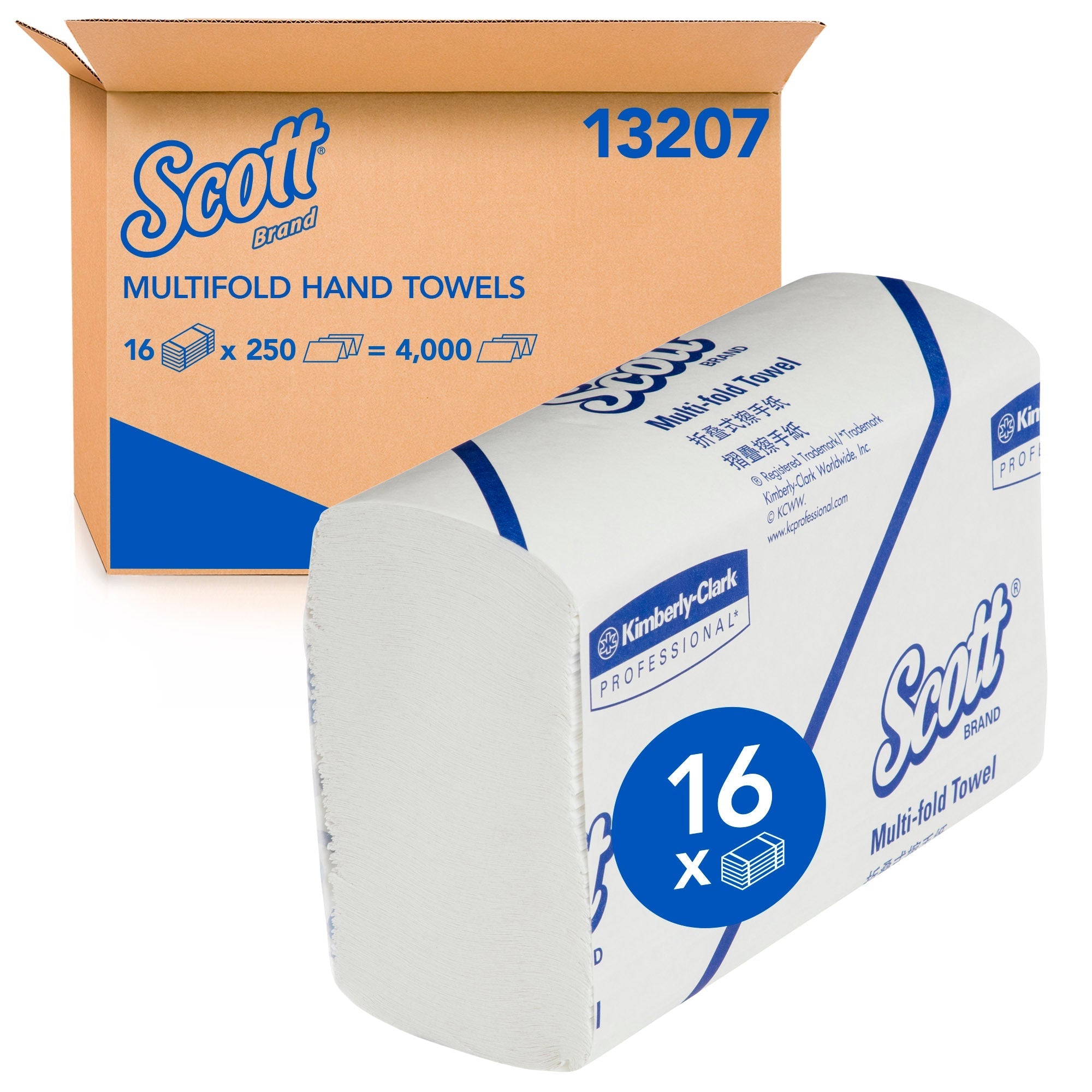 SCOTT® Multifold Hand Towels (13207), Folded White Paper Towels, 16 Packs / Case, 250 Hand Towels / Pack (4,000 Towels) - Packware
