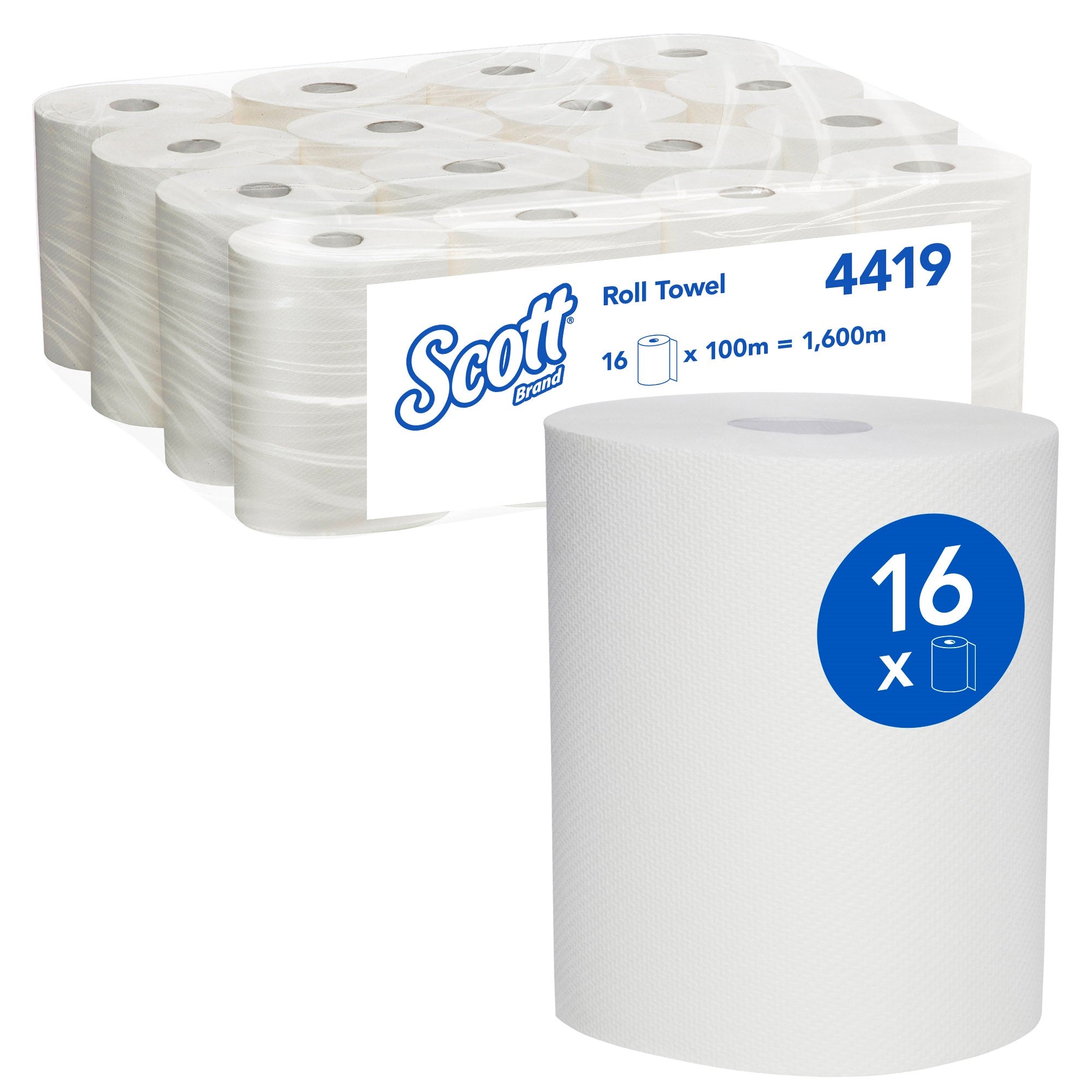 SCOTT® Roll Towel (4419), White Roll, 16 Rolls / Case, 100m / Roll (1,600m) - Packware