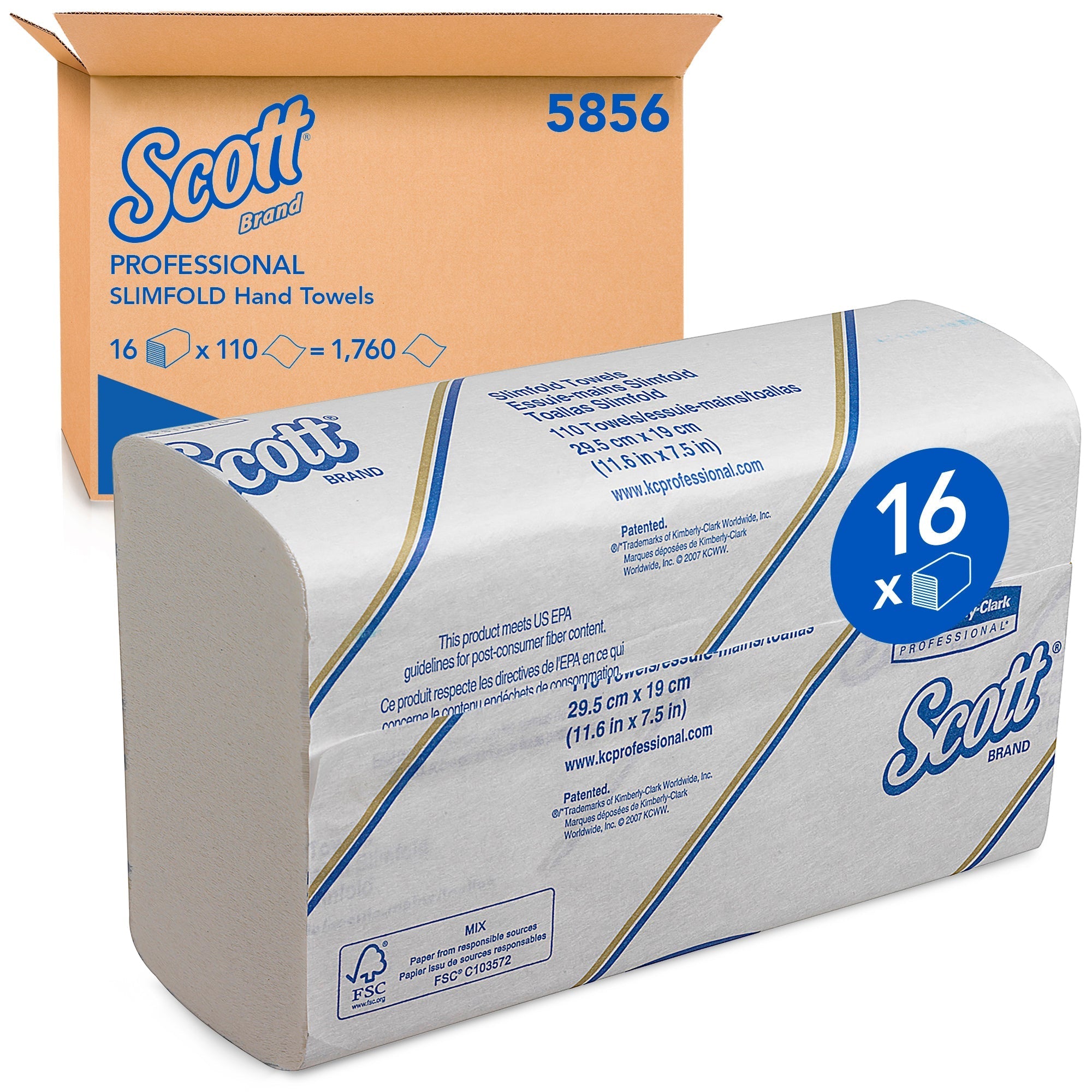 Scott® Slimfold™ Hand Towels 5856 - Folded Paper Hand Towels - 16 Clips x 110 White Paper Towels (1,760 Total) - Packware