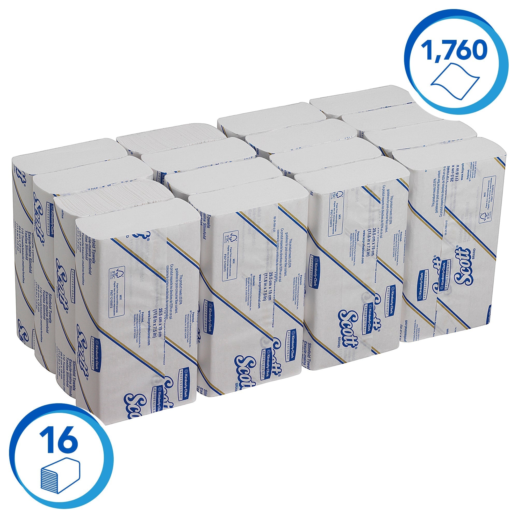 Scott® Slimfold™ Hand Towels 5856 - Folded Paper Hand Towels - 16 Clips x 110 White Paper Towels (1,760 Total) - Packware