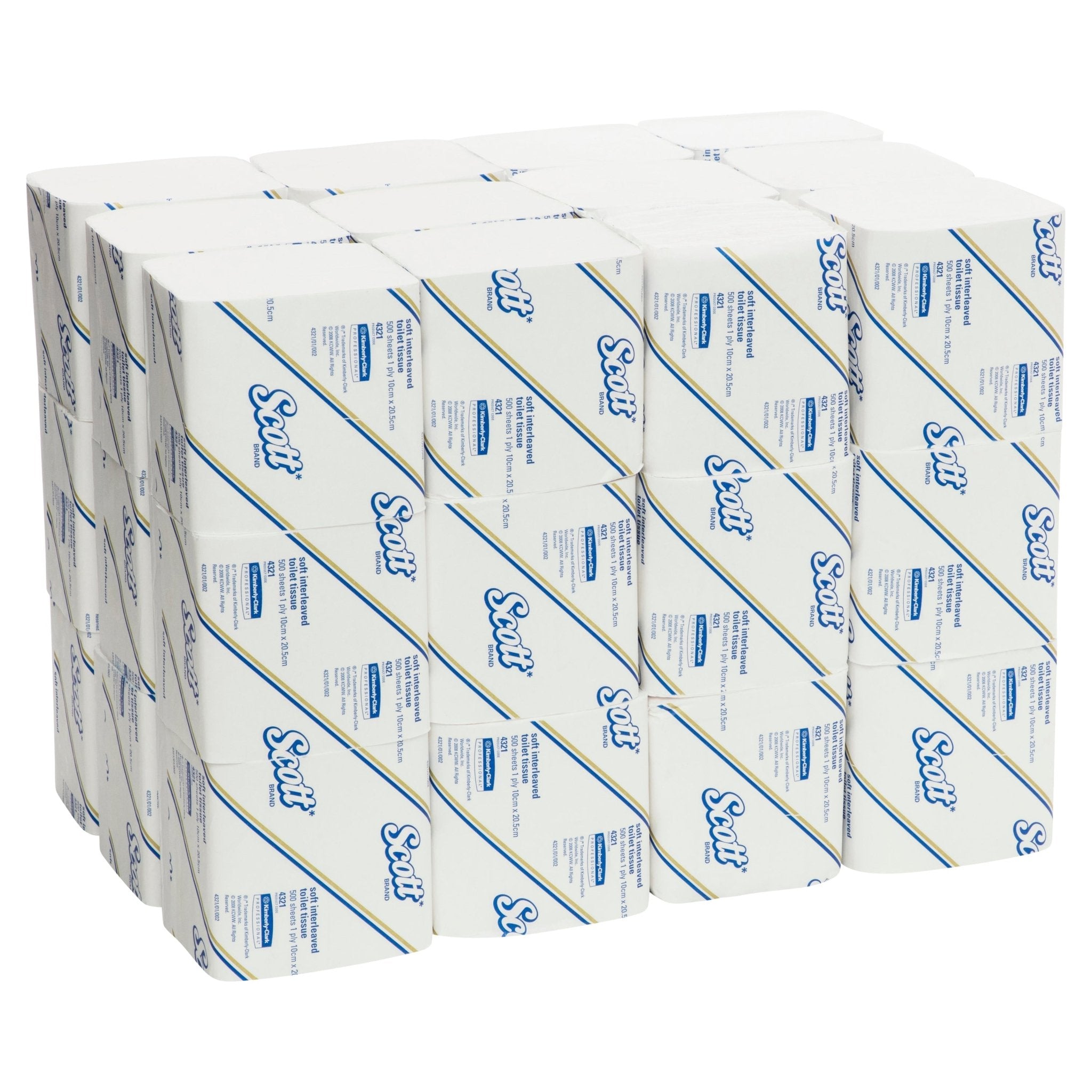 SCOTT® Soft Interleaved Toilet Tissue (4321), Folded Toilet Paper, White, 36 Packs / Case, 500 Sheets / Pack (18,000 Sheets) - Packware