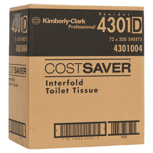 COSTSAVER® Interfold Toilet Paper (4301), 1-Ply Toilet Tissue, White, 72 Packs / Case, 200 Sheets / Pack (14,400 Sheets)