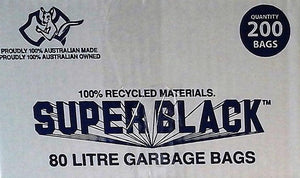 SUPER BLACK Garbage Bags 80 Litre Heavy Duty Black Box Of 200 Bags - Packware