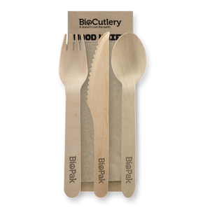 16cm Wood Knife, Fork, Spoon & Napkin Set
